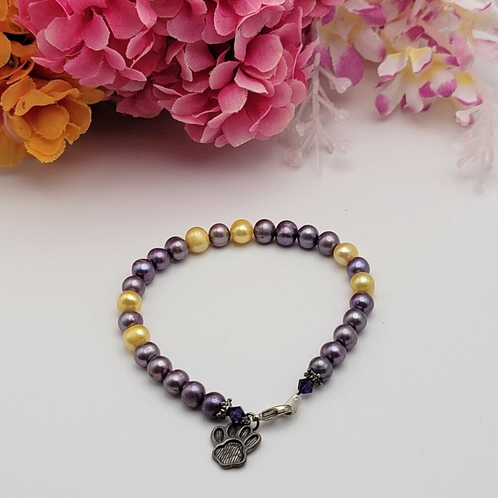 Sterling Silver Paw Print Charm Yellow & Purple Pearl Beaded Bracelet 7.5"
